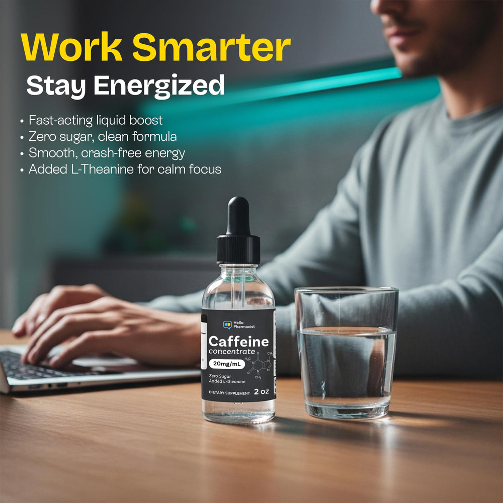 HelloPharmacist caffeine drops packaging signals pharmacist-formulated quality.
