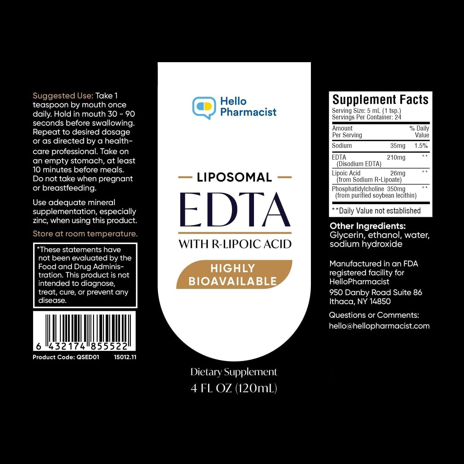 HelloPharmacist liposomal EDTA packaging showing ISO LAB Verified ingredients and quality