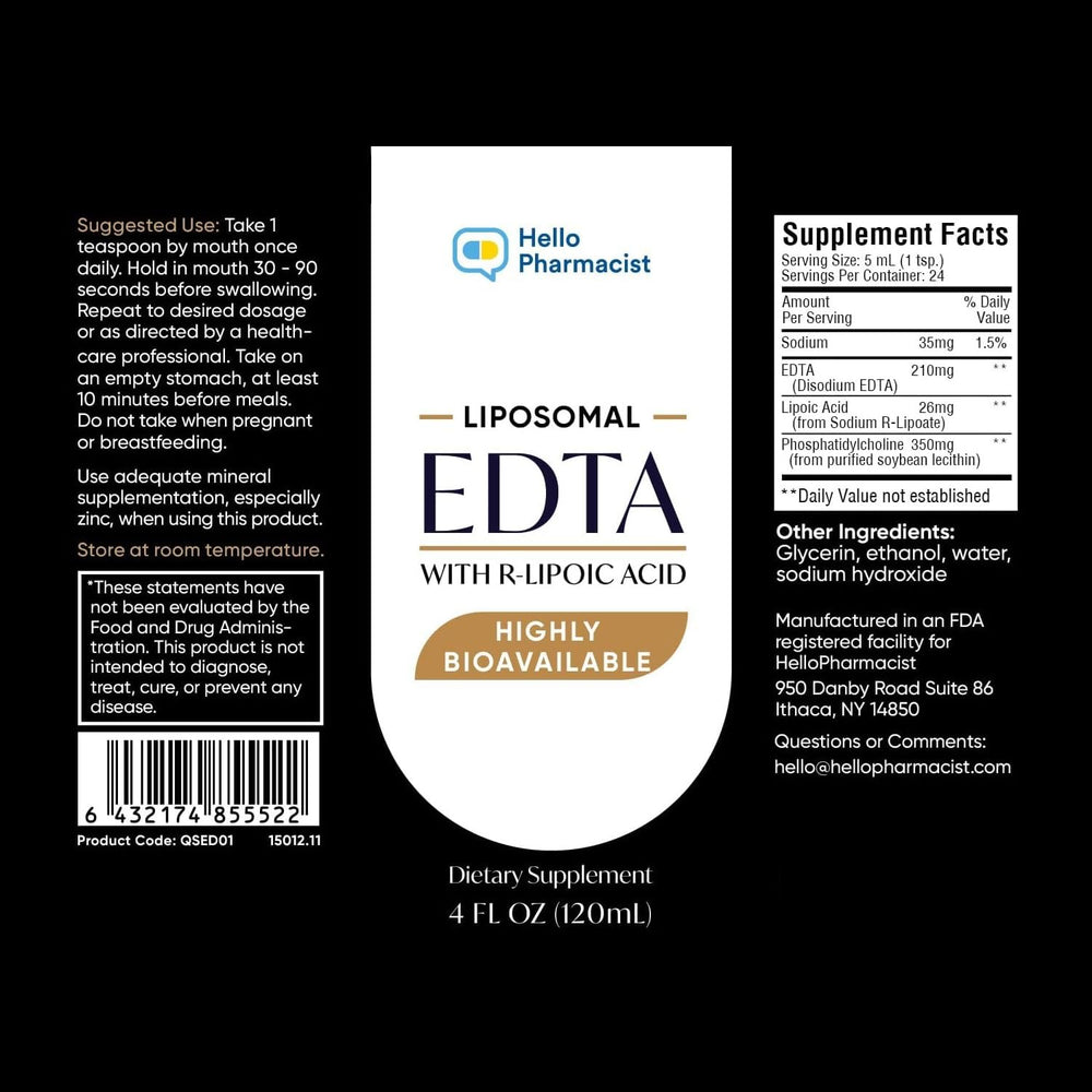 HelloPharmacist liposomal EDTA packaging showing ISO LAB Verified ingredients and quality