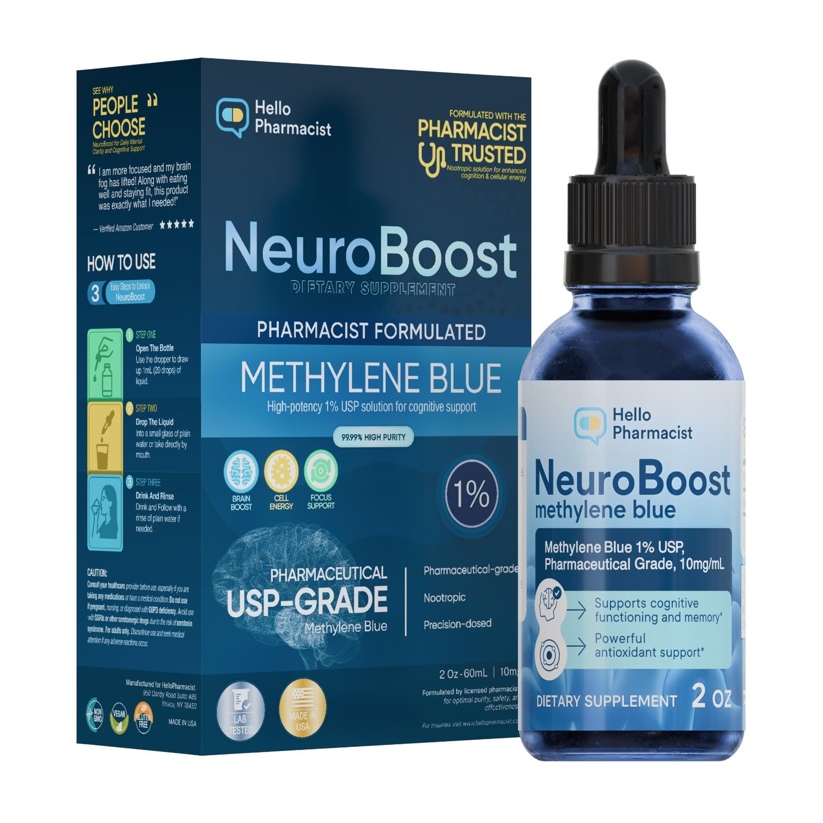 HelloPharmacist NeuroBoost bottle front view, premium methylene blue for sharper focus.