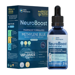 HelloPharmacist NeuroBoost bottle front view, premium methylene blue for sharper focus.