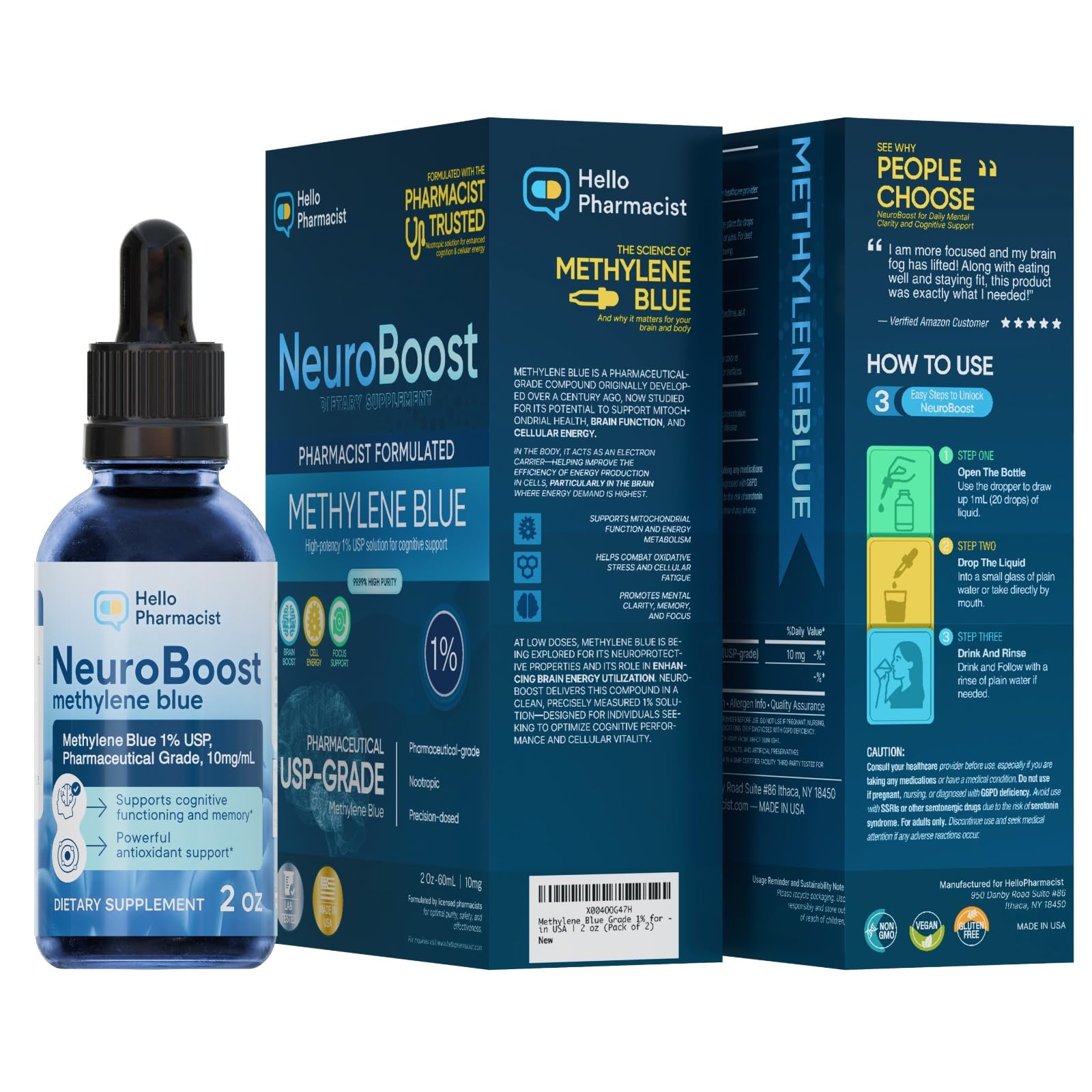 HelloPharmacist NeuroBoost third-party testing seal confirming purity.