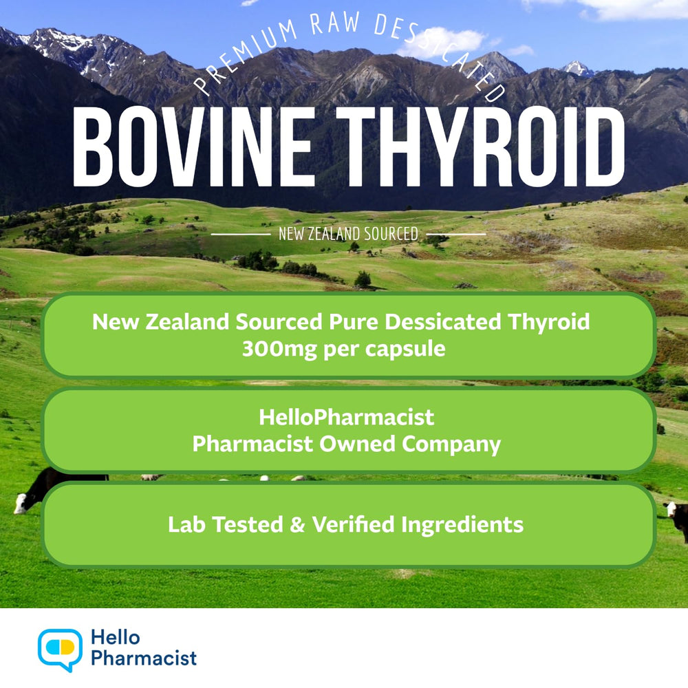 HelloPharmacist New Zealand grass-fed thyroid source label highlights nutrients.