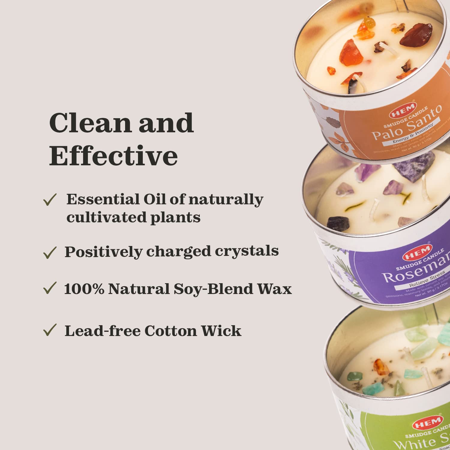 HEM Soy Wax formula candle highlights clean burn for a long-lasting experience.
