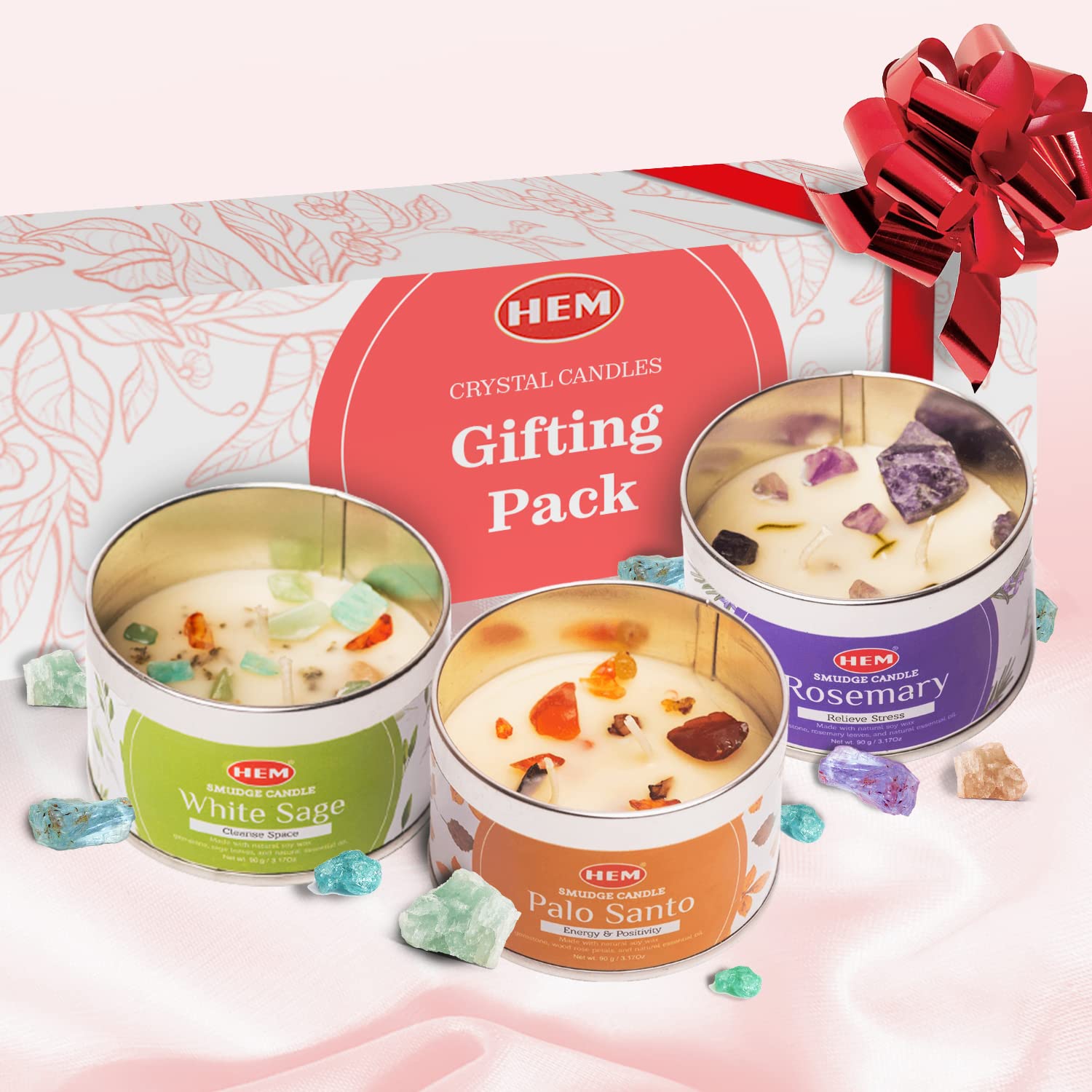 HEM Crystal Candle White Sage candle offers a fresh, calming aroma.