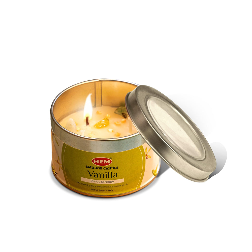 HEM Vanilla Crystal Candle 90g resting on a wooden surface for calming ambiance.