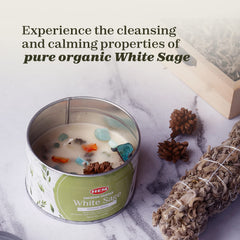 Close-up of embedded crystals in HEM white sage candle for mindful focus