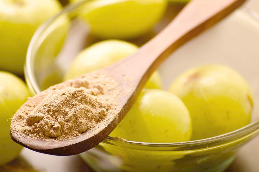 Measuring spoon with Hemani Amla powder ready to mix