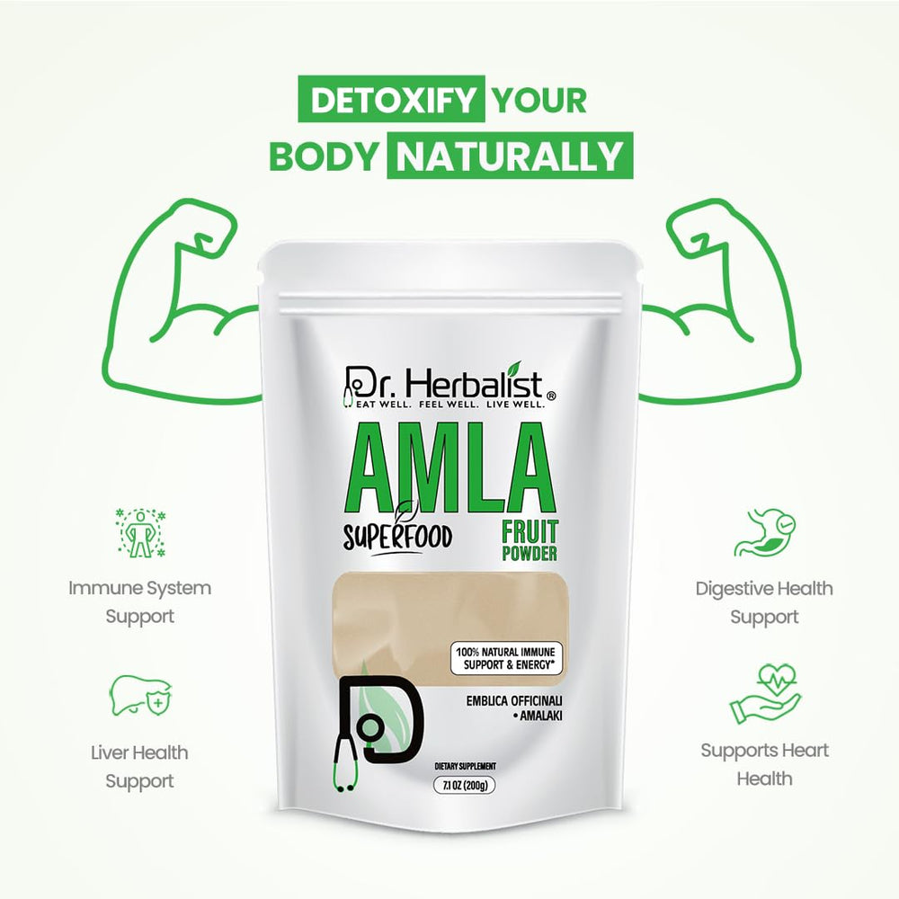 Hemani Amla powder in a blender with a vibrant smoothie