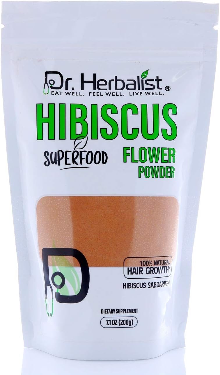 Hemani Dr. Herbalist Hibiscus powder packaging shows purity for radiant skin.