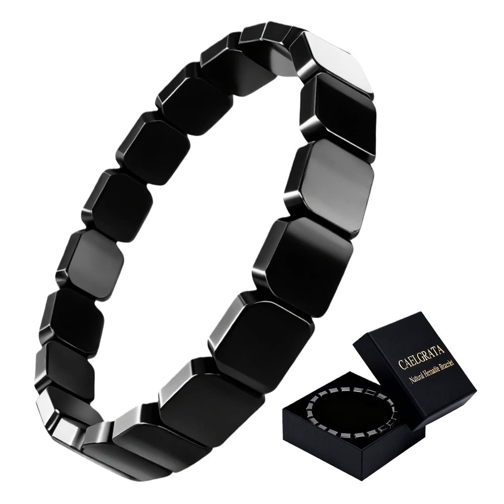 Hematite bracelet for men close-up of natural texture and metallic shine