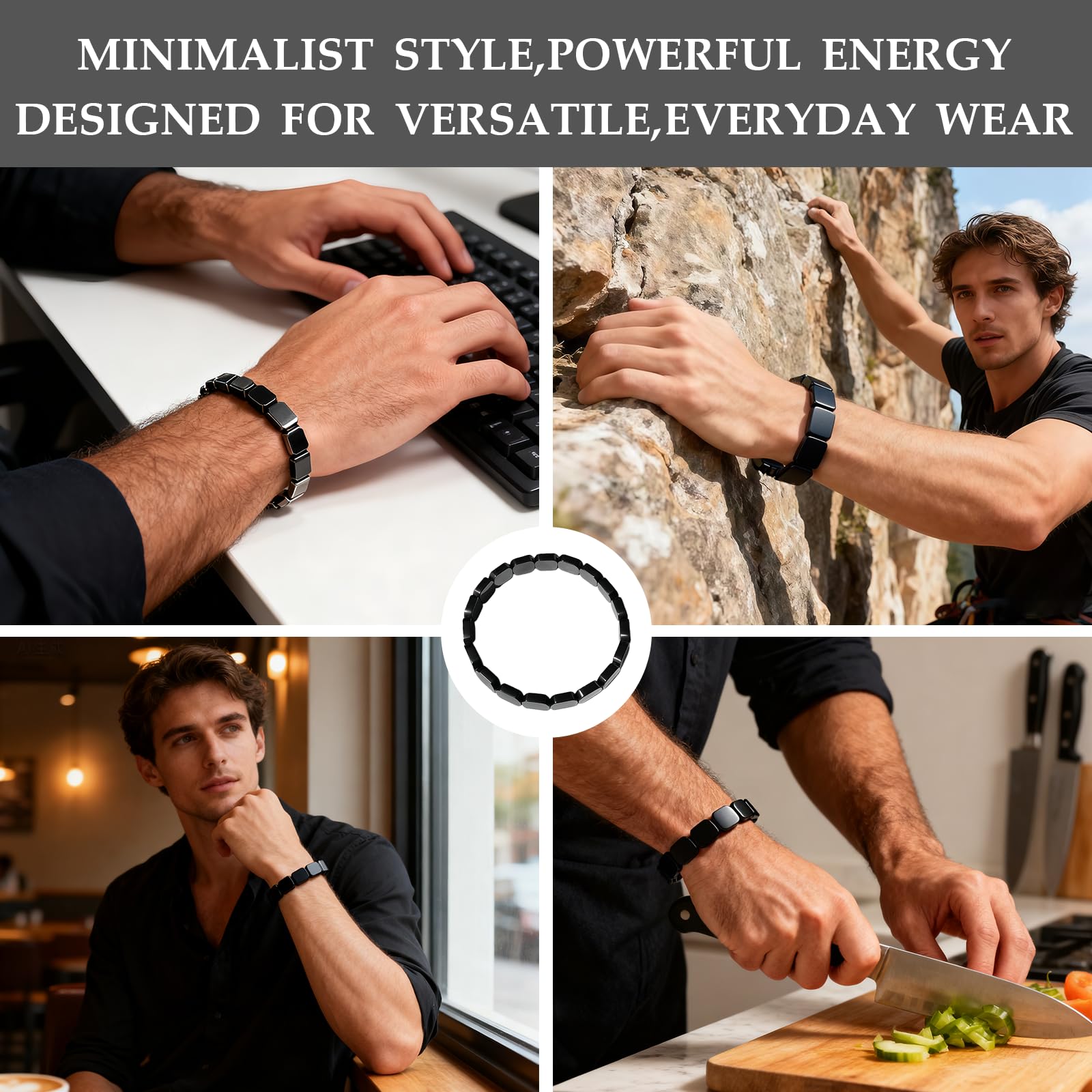 Hematite bracelet for men shows a sleek metallic sheen in bright light