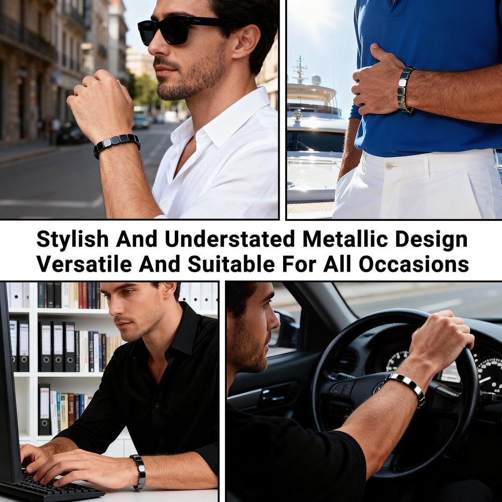 Hematite bracelet men on wrist model highlighting modern masculine style and versatility.