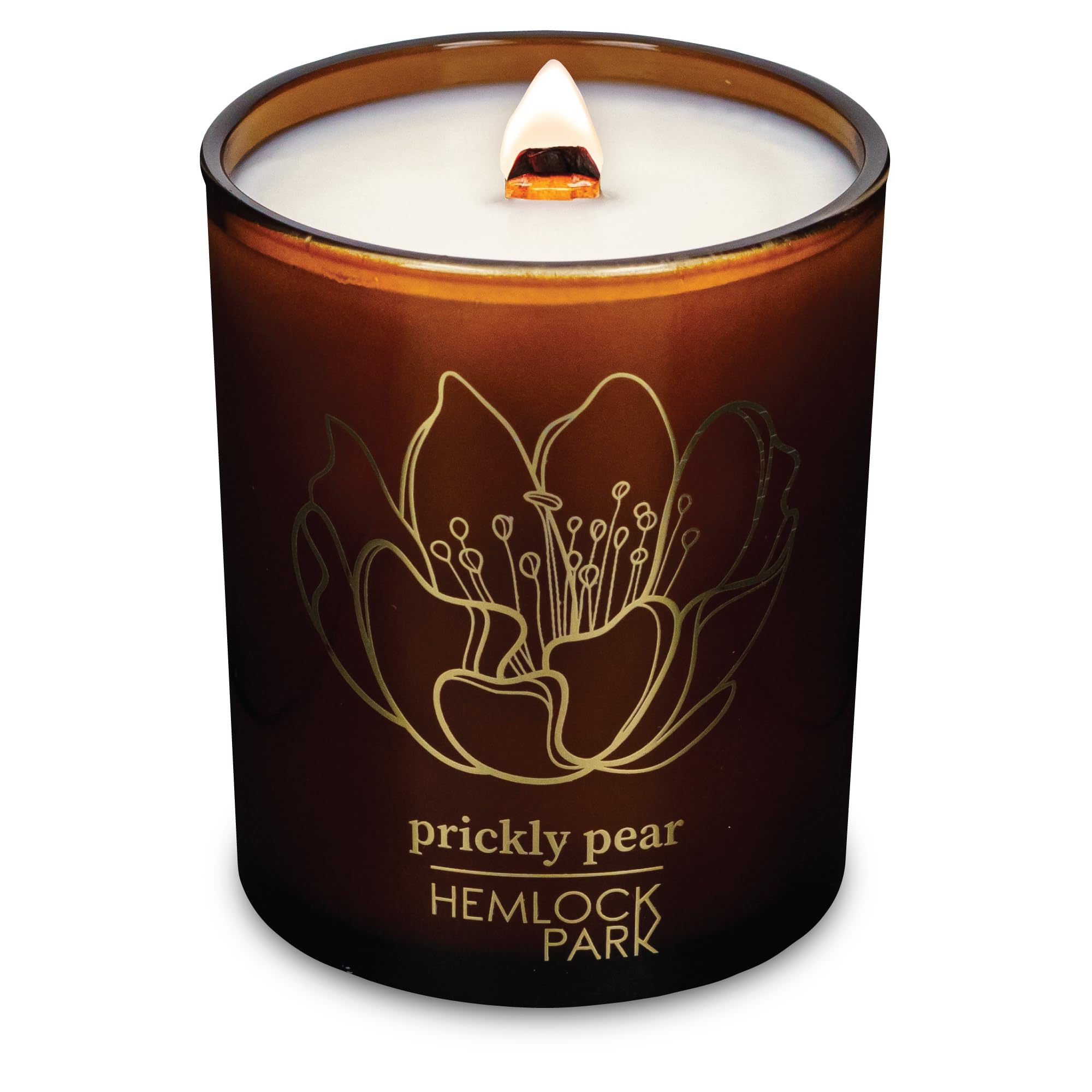 Hemlock Park Amber & Gold candle with wood wick for a subtle, inviting aroma.