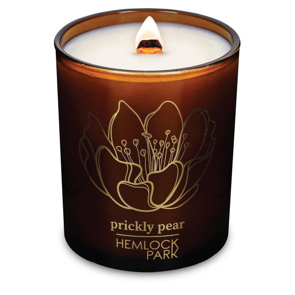 Hemlock Park Amber & Gold candle with wood wick for a subtle, inviting aroma.