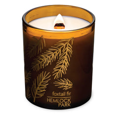 Hemlock Park Amber Gold Leaf candle with wood wick delivering a steady flame and gentle fragrance