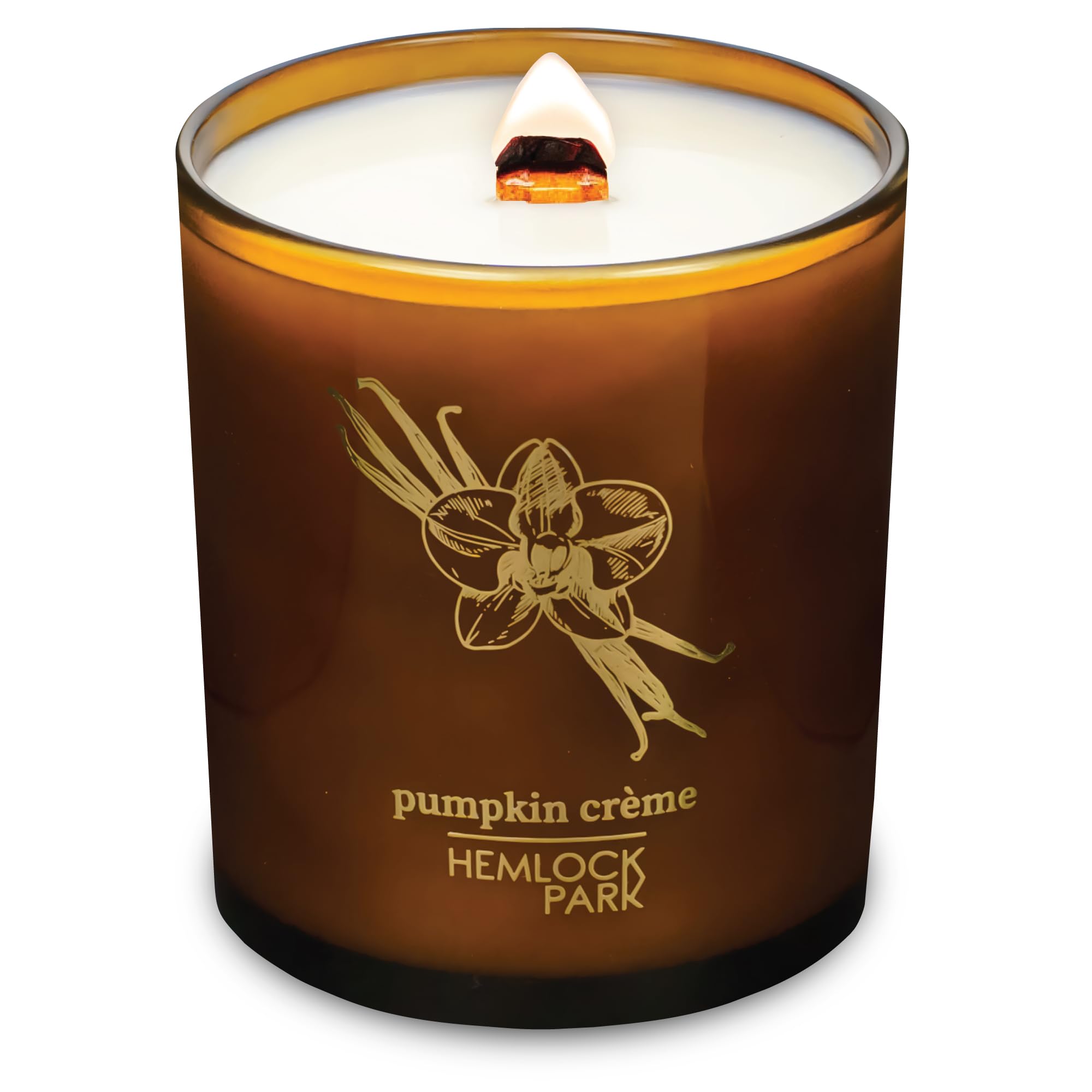 Hemlock Park Amber & Gold Wood Wick Candle in 14 oz creates cozy autumn ambiance with coconut wax