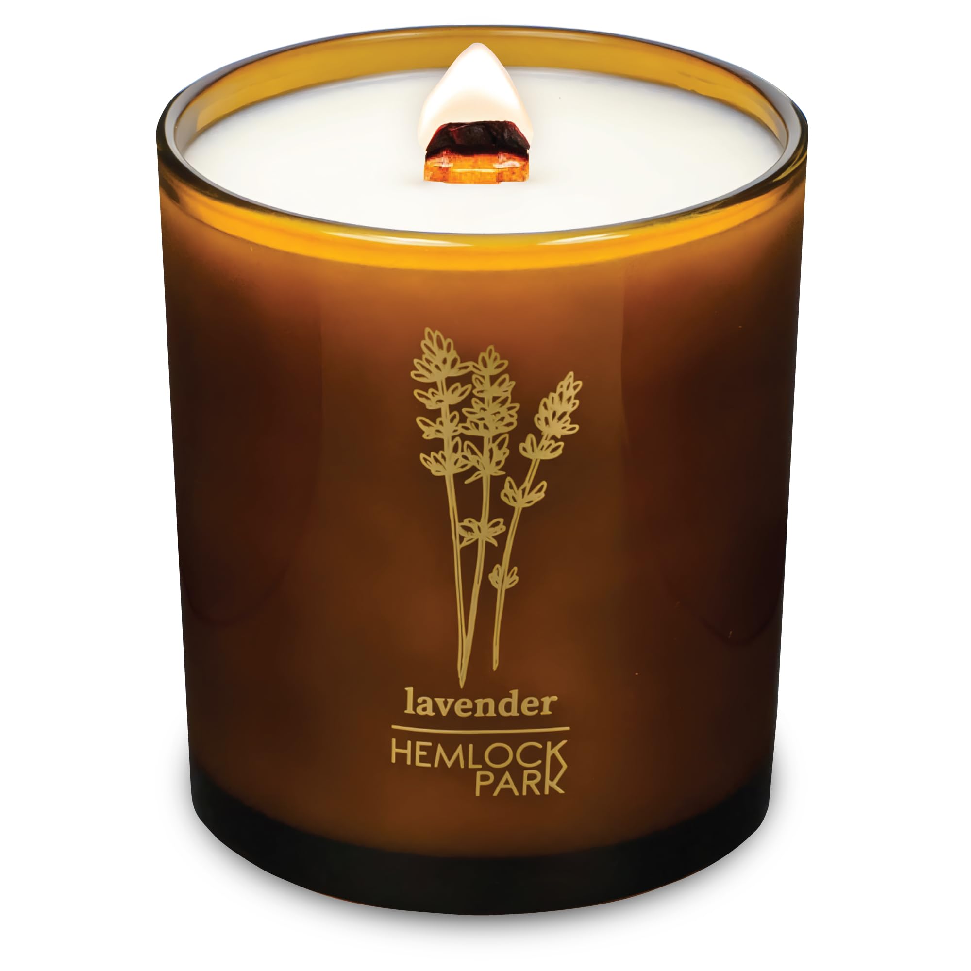 Hemlock Park Amber and Gold wood wick candle in Lavender creates a calm, inviting ambiance