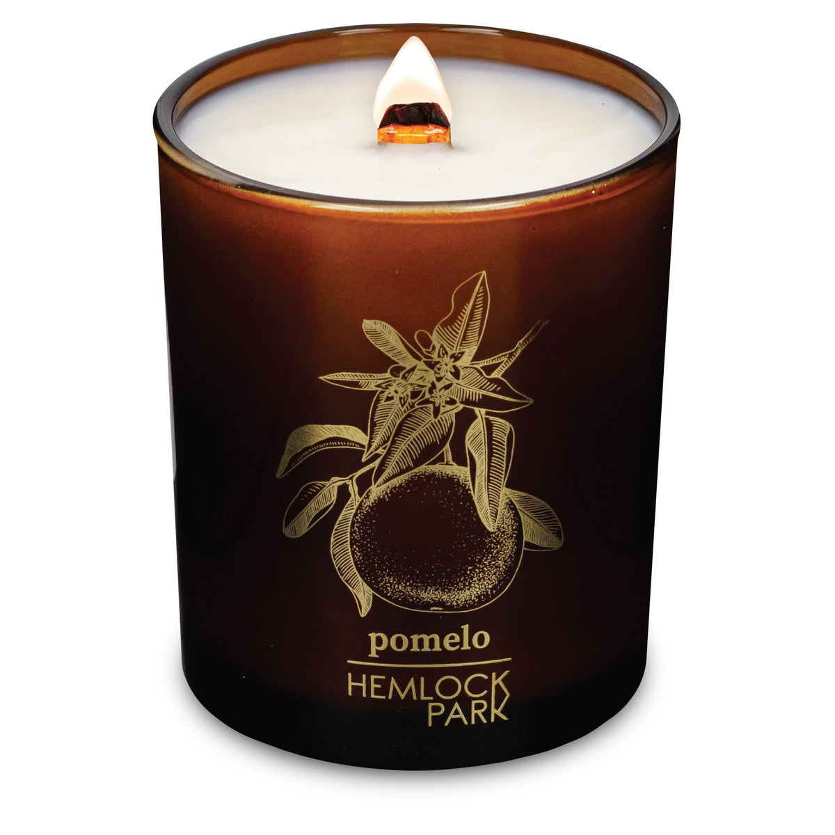 Hemlock Park Amber & Gold wood wick candle with steady flame for cozy ambience.