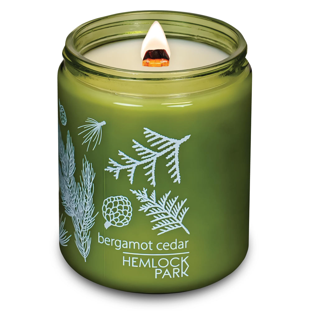 Hemlock Park Bergamot Cedar candle delivers fresh herbaceous notes in a vegan, cruelty-free package.