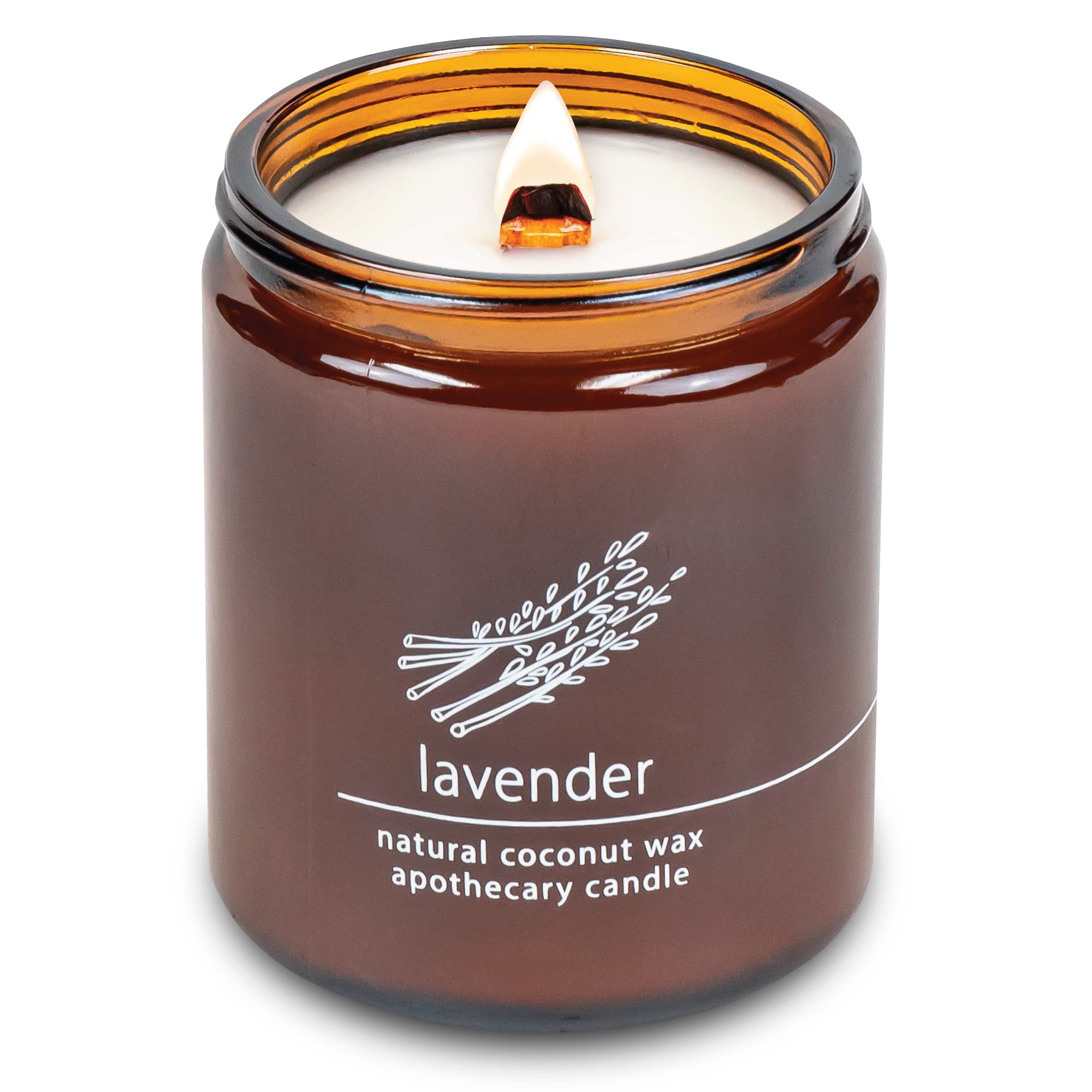 Hemlock Park Lavender candle with crackling wooden wick for cozy ambiance.
