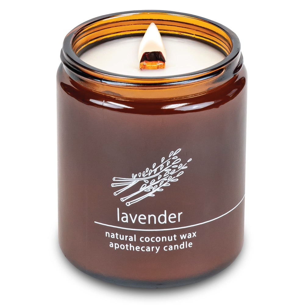 Hemlock Park Lavender candle with crackling wooden wick for cozy ambiance.