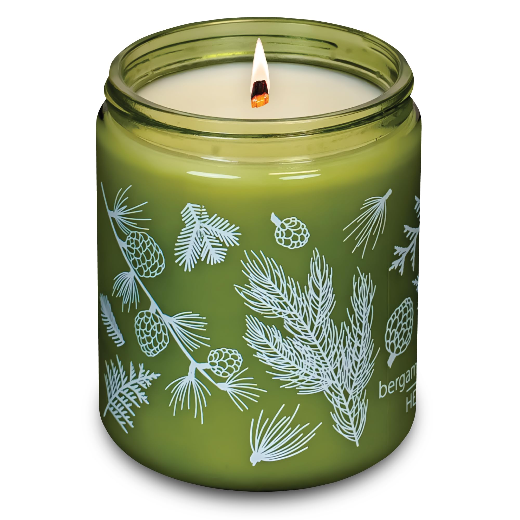 Hemlock Park green glass wood wick candle with coconut wax for subtle aroma and clean burn.