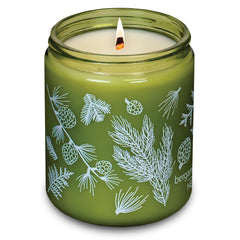 Hemlock Park green glass wood wick candle with coconut wax for subtle aroma and clean burn.