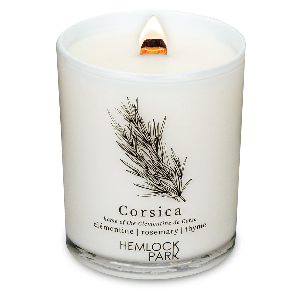 Hemlock Park passport candle with crackling wood wick for cozy travel ambiance.