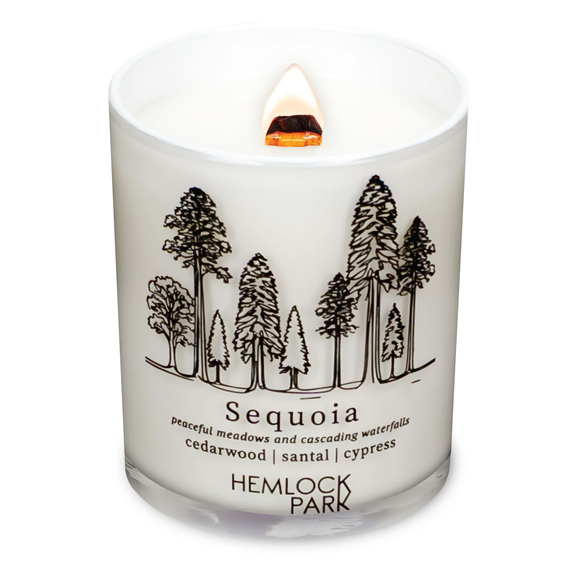 Hemlock Park travel-inspired candle with Sequoia-Cedarwood scent and crackling wood wick for cozy ambience.