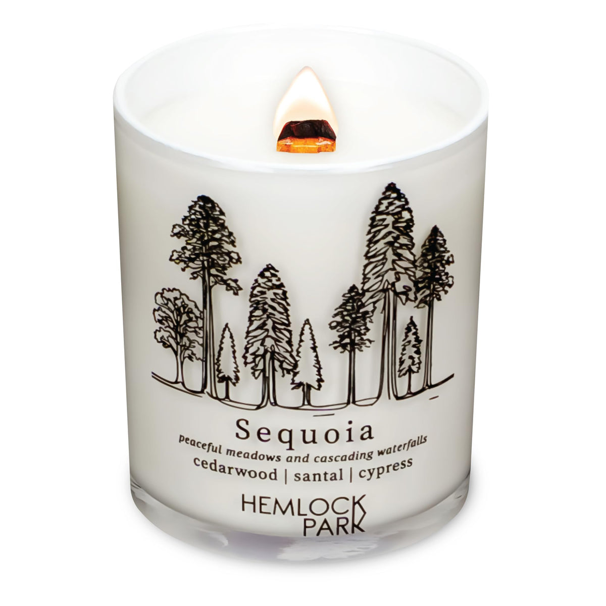 Hemlock Park travel-inspired candle with Sequoia-Cedarwood scent and crackling wood wick for cozy ambience.