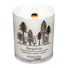 Hemlock Park travel-inspired candle with Sequoia-Cedarwood scent and crackling wood wick for cozy ambience.