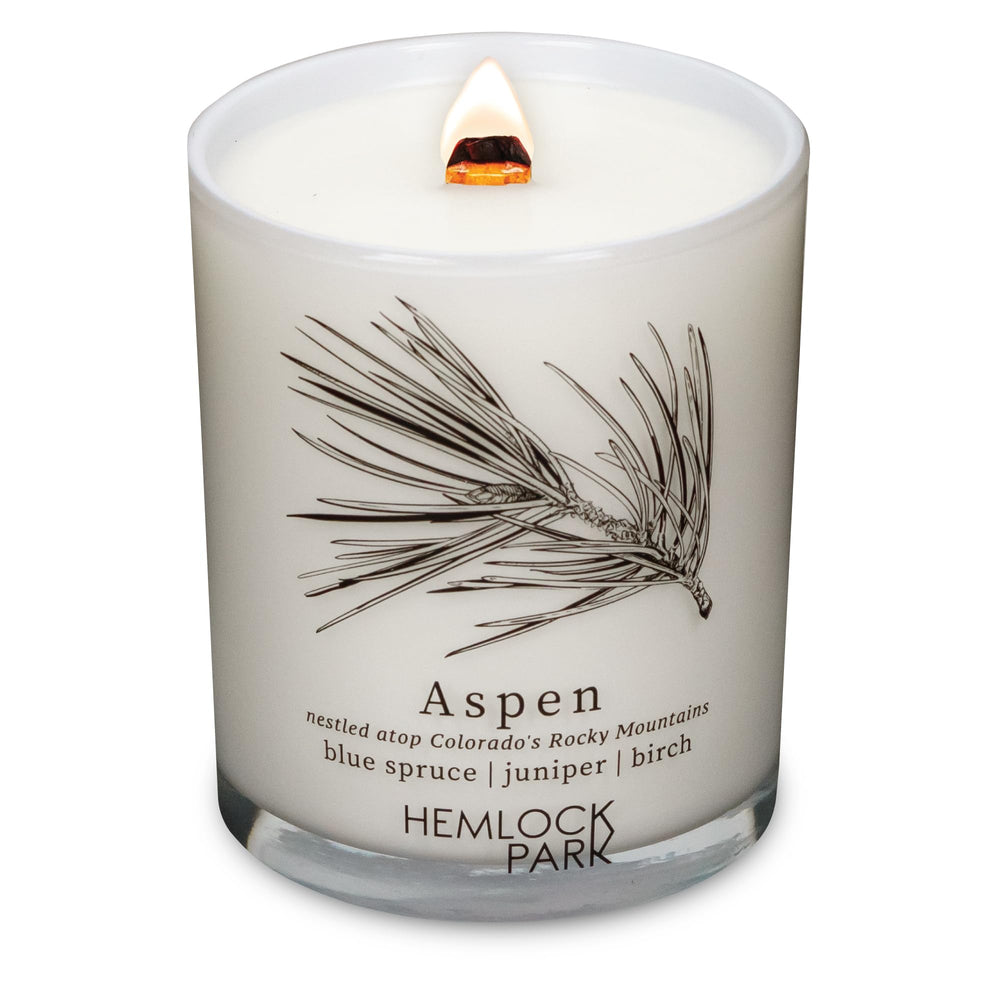 Hemlock Park travel-inspired passport candle with crackling wood wick for cozy ambience