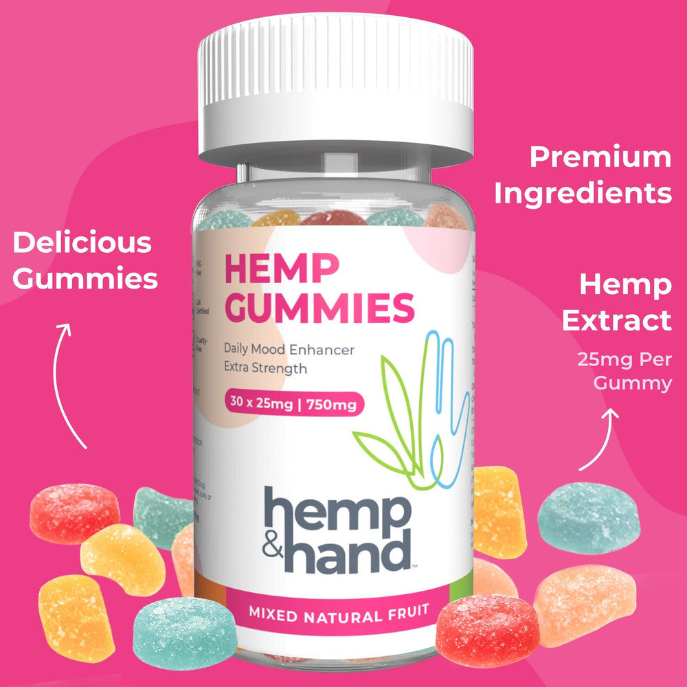 Hemp & Hand sour strawberry gummies close-up highlighting vegan, gluten-free ingredients.