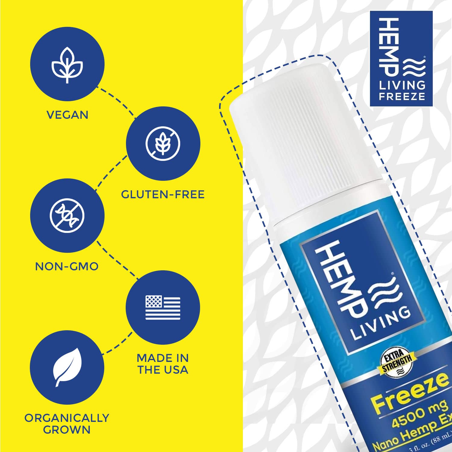 Ingredients panel highlights aloe, arnica, and botanicals in HEMP LIVING Freeze Nano.