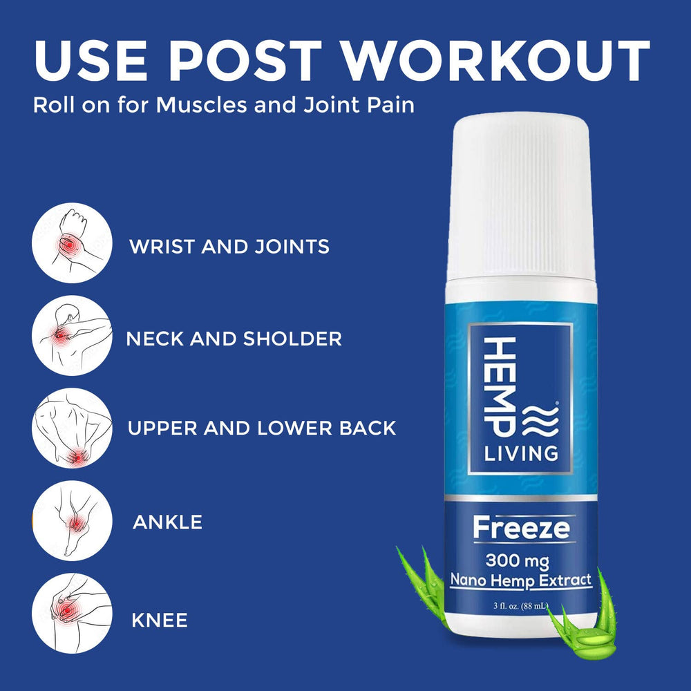 Compact 3 oz packaging of HEMP LIVING Freeze Nano Roll-On for travel.