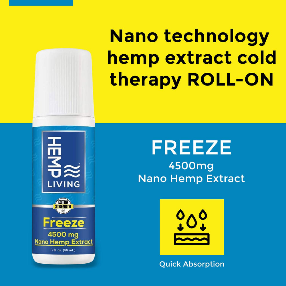 HEMP LIVING Freeze Nano Roller applied to knee demonstrates targeted cooling for joints.