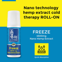 HEMP LIVING Freeze Nano Roller applied to knee demonstrates targeted cooling for joints.