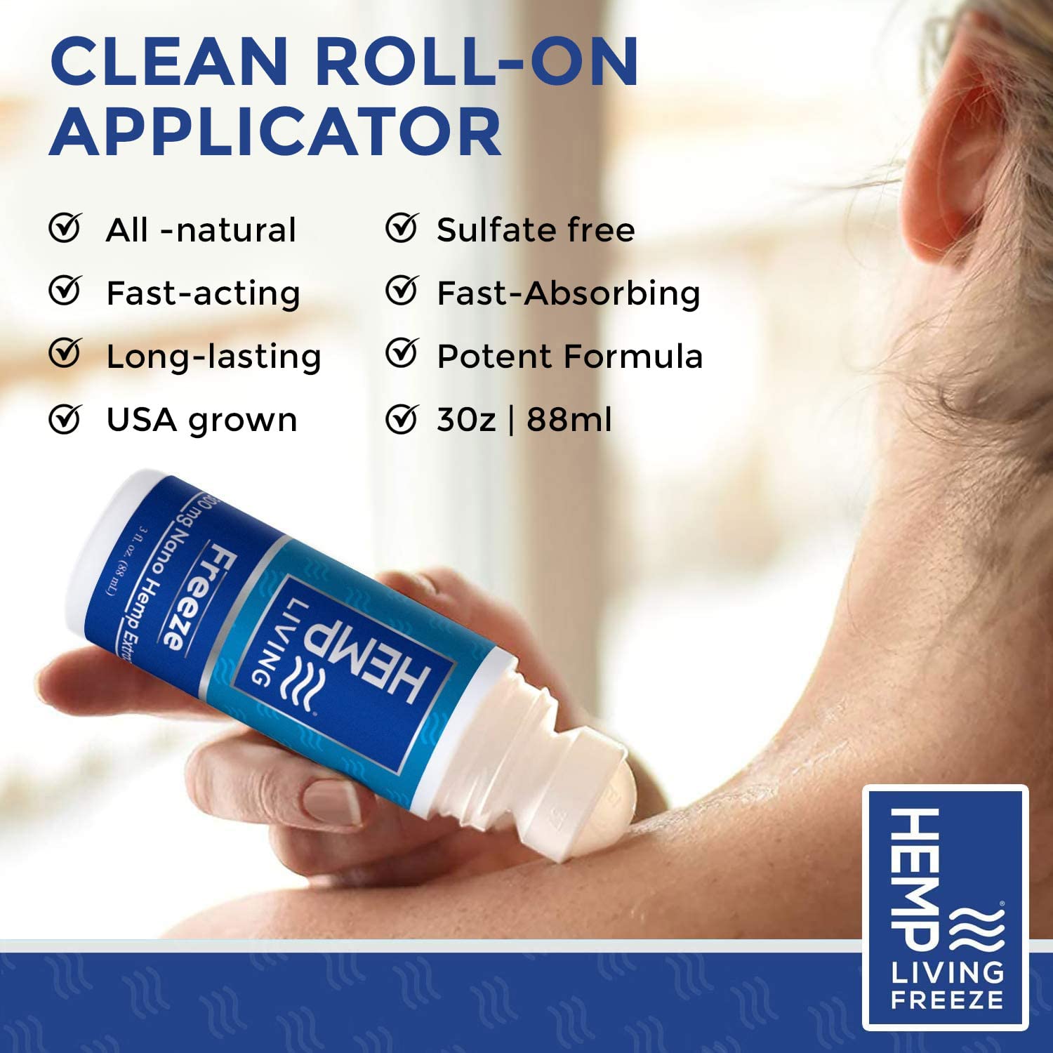 HEMP LIVING Freeze Nano Roller applied on shoulder provides concentrated relief near joints.