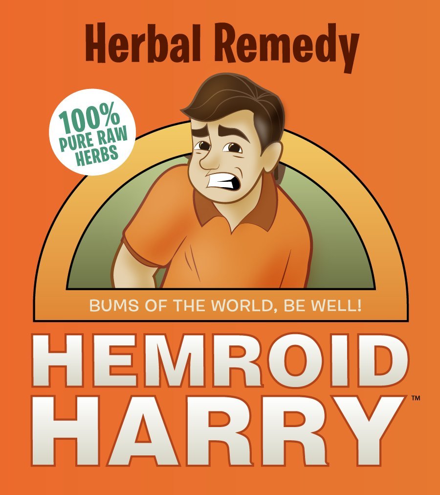 Hemroid Harry's Herbal Remedy packaging highlights natural ingredients and a 30-day supply.