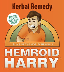 Hemroid Harry's Herbal Remedy packaging highlights natural ingredients and a 30-day supply.