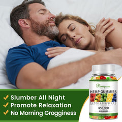 Hemyum Hemp Gummies bottle closeup highlights vegan, non-GMO ingredients
