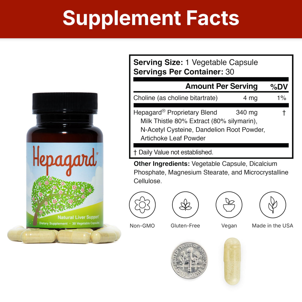 Hepagard GMP facility badge on label communicates quality.