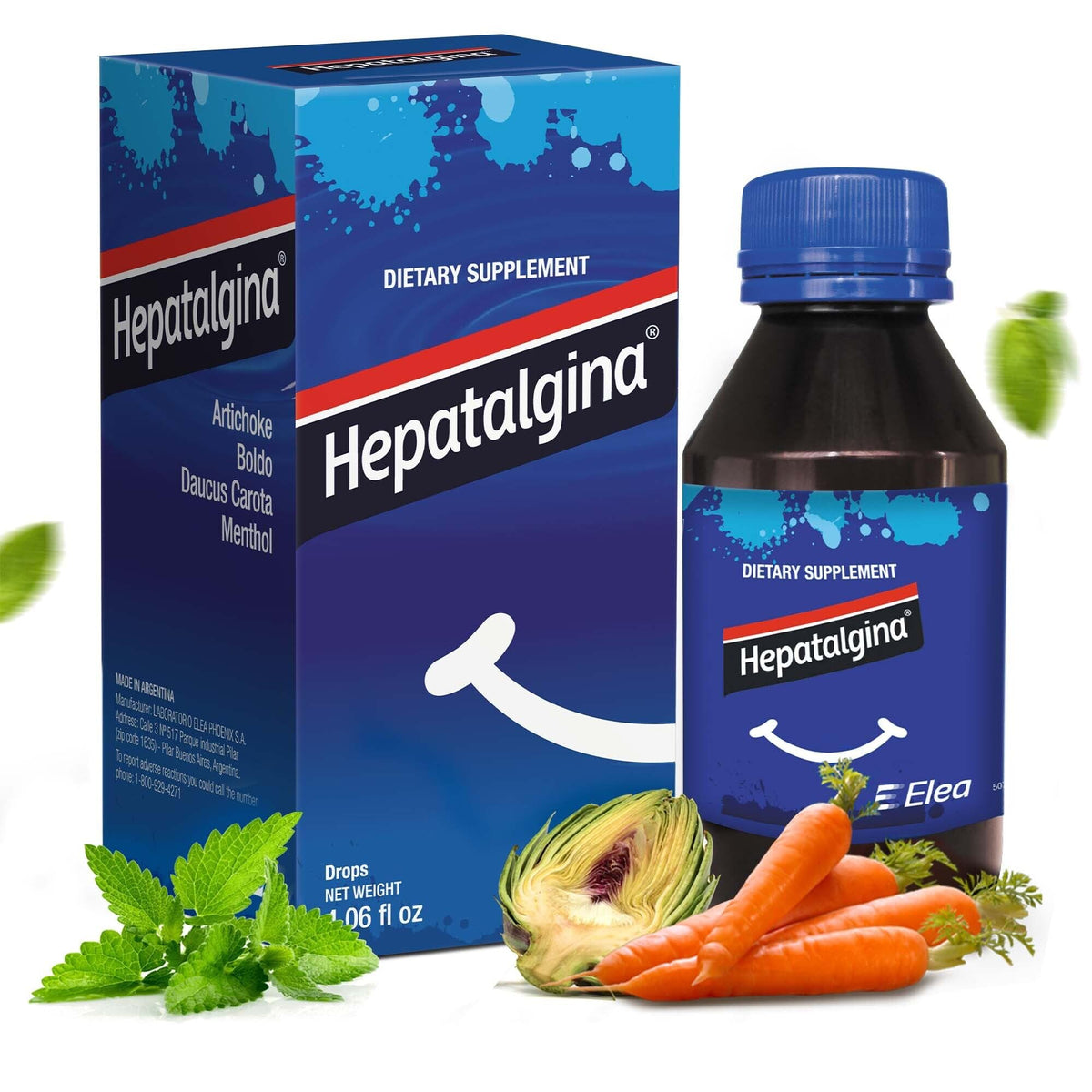 Hepatalgina liver-support drops bottle for daily digestive health.