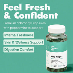 Her Fantasy Box Body Magic capsules close-up for digestion and gut health.