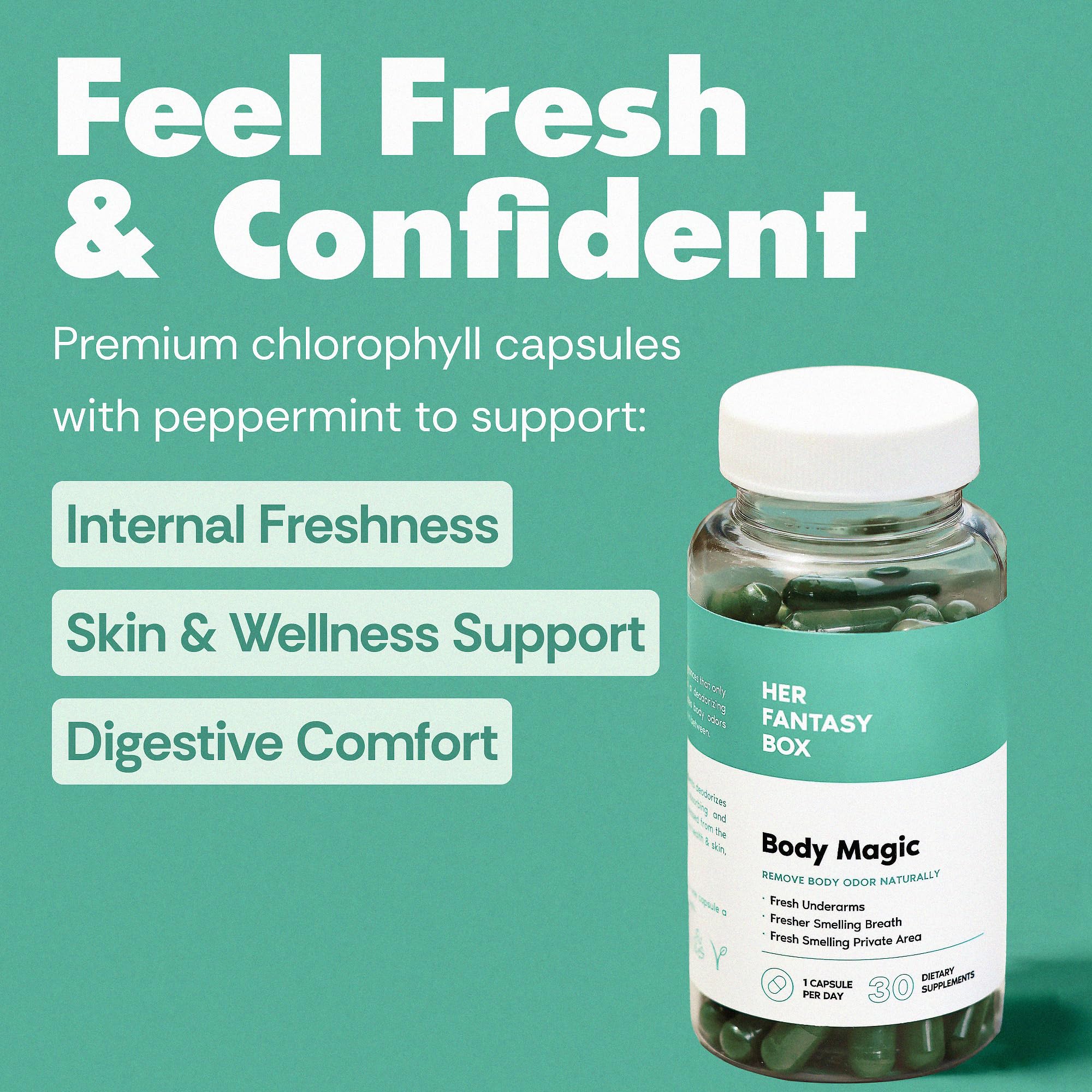Her Fantasy Box Body Magic ingredients natural illustration emphasizes plant-based nutrition