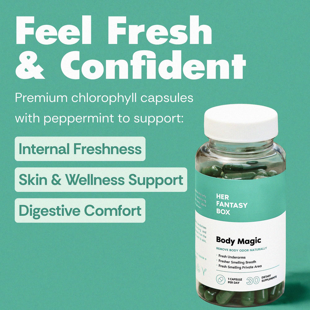 Her Fantasy Box Body Magic ingredients natural illustration emphasizes plant-based nutrition