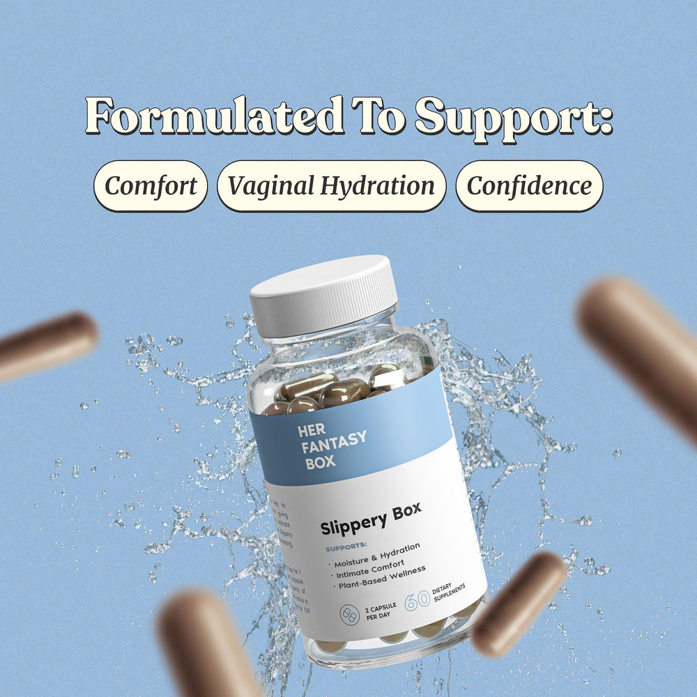 Her Fantasy Box Slippery Box capsule close up highlights vegan capsules for wellness