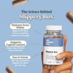 Her Fantasy Box Slippery Box label view displays key ingredient and dosage