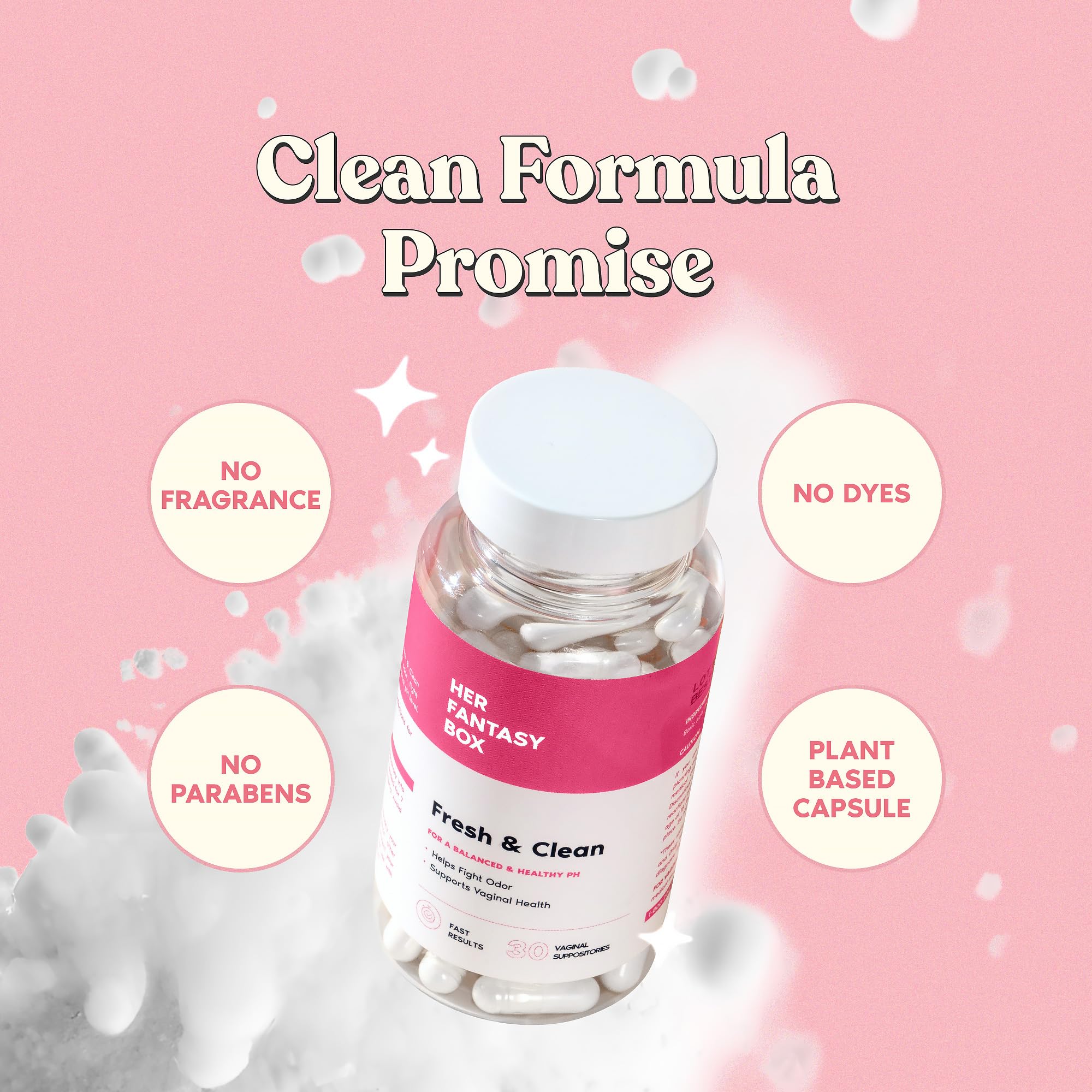 Her Fantasy Box vegan capsules close-up with pure ingredients.